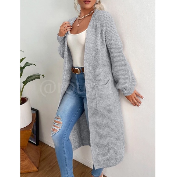 Grey Duster Cardigan Front Pockets Cable Knit Long Sleeve Midi Length - Picture 5 of 8